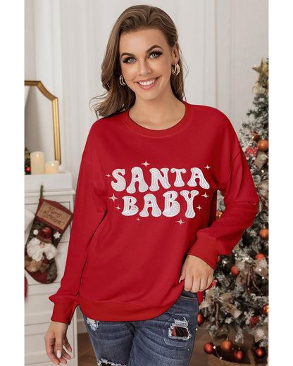 Red SANTA BABY Embroidered Crewneck Christmas Sweatshirt - XL