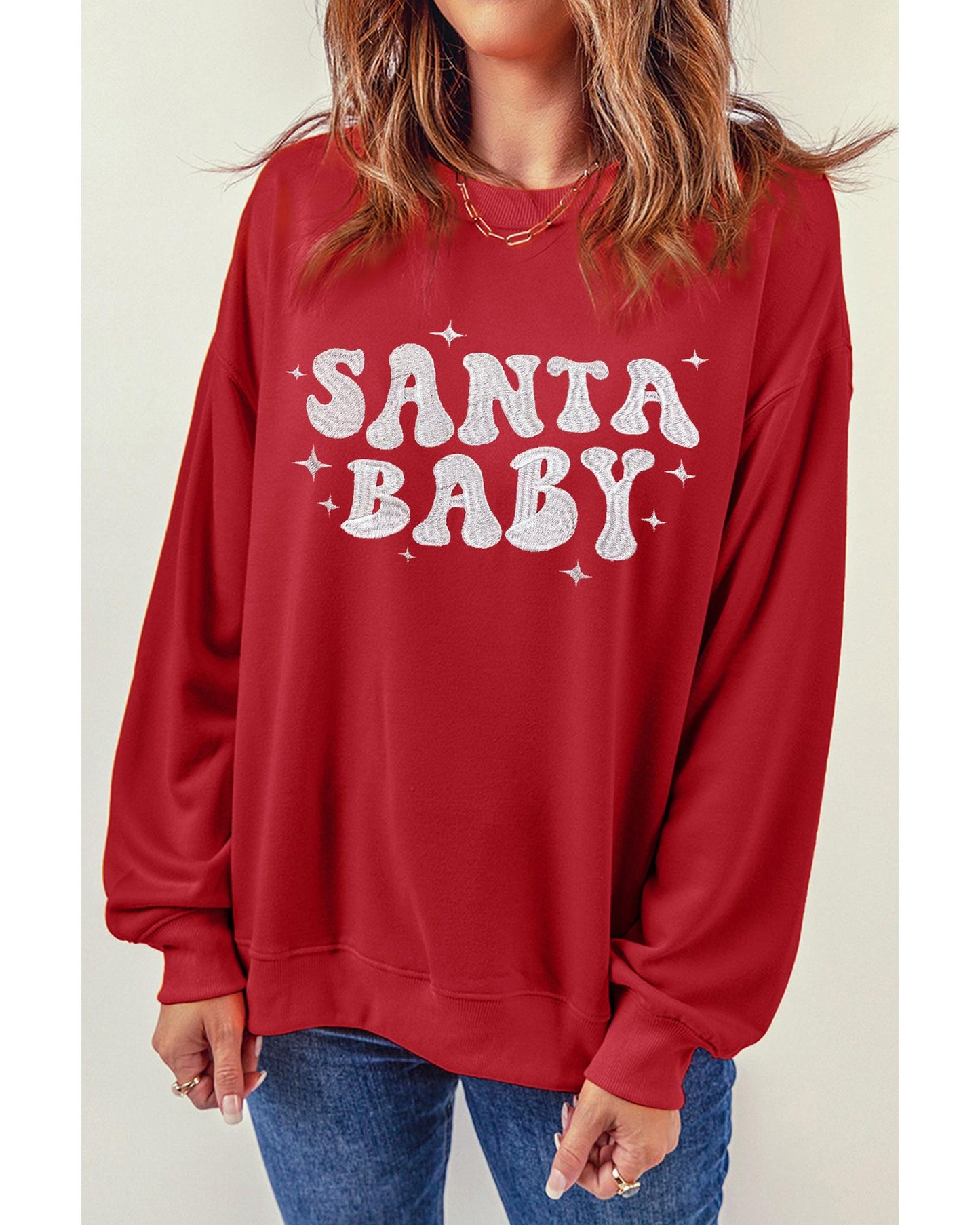 Red SANTA BABY Embroidered Crewneck Christmas Sweatshirt - XL