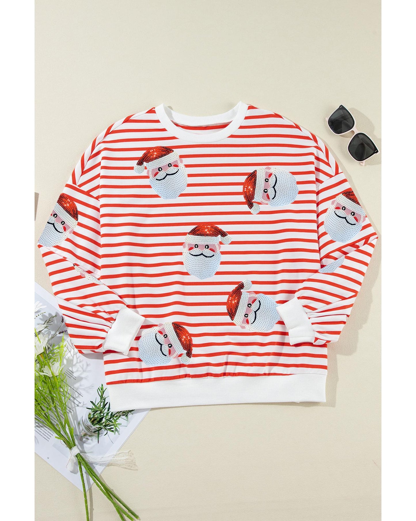 Orange Stripe Striped Sequin Santa Claus Pattern Christmas Pullover Sweatshirt - M