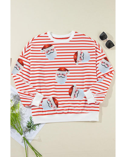 Orange Stripe Striped Sequin Santa Claus Pattern Christmas Pullover Sweatshirt - M
