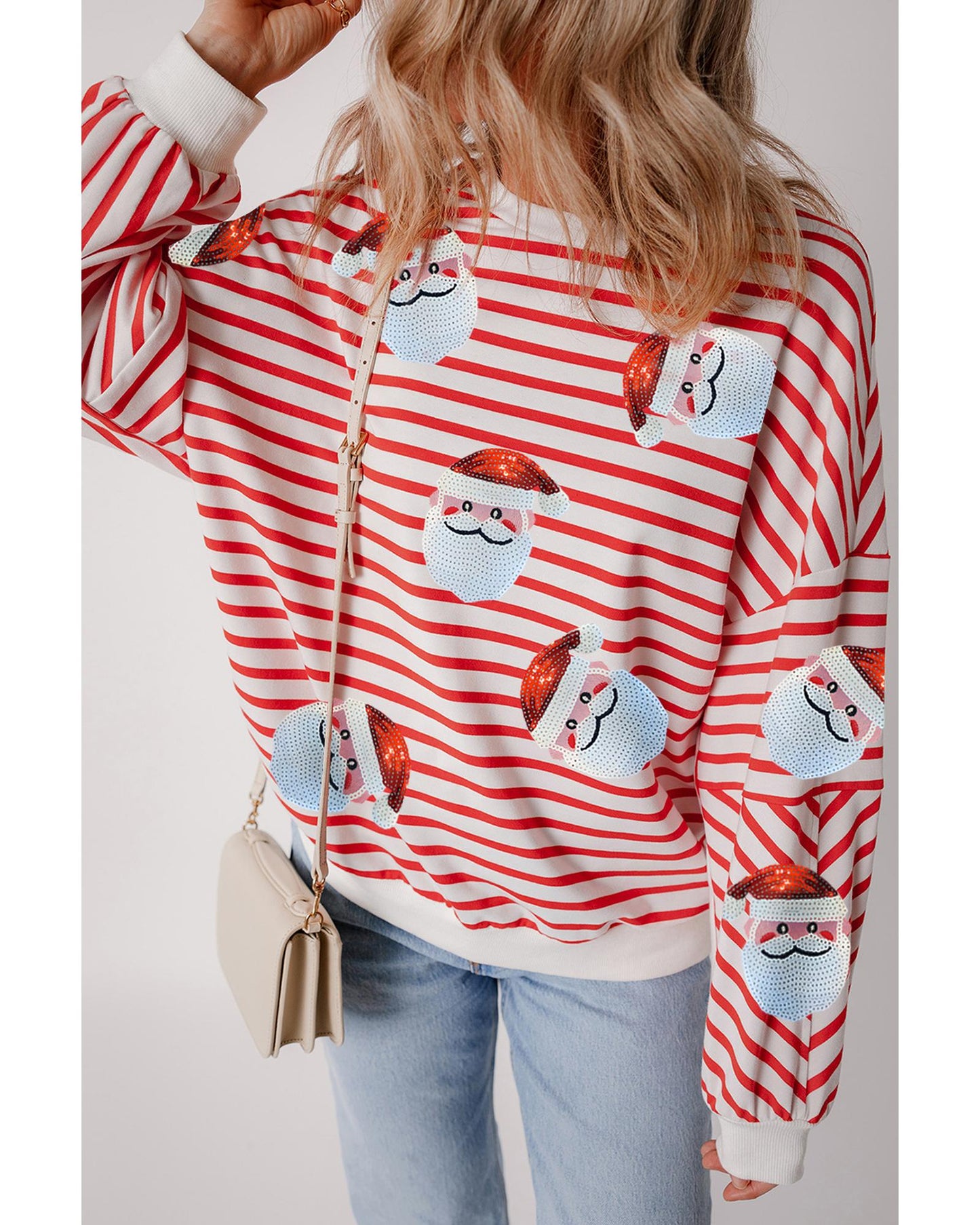 Orange Stripe Striped Sequin Santa Claus Pattern Christmas Pullover Sweatshirt - M