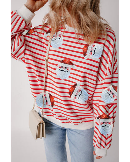 Orange Stripe Striped Sequin Santa Claus Pattern Christmas Pullover Sweatshirt - M