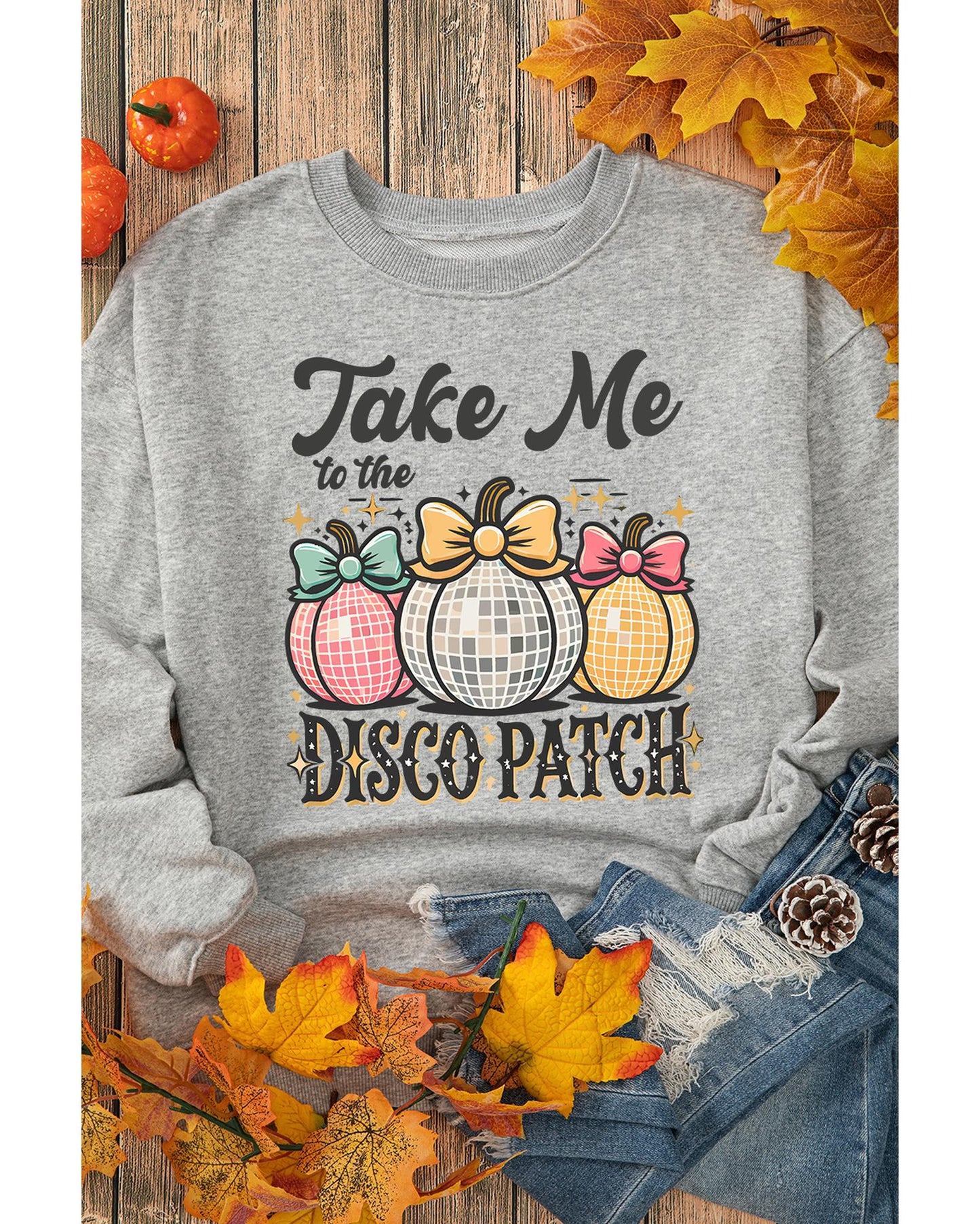 Gray Disco Ball Bowknot Pumpkin Graphic Crewneck Sweatshirt - M