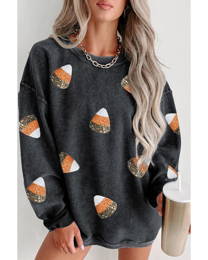 Black Sequin Candy Corn Patched Corded Halloween Sweatshirt - 2XL