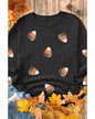 Black Sequin Candy Corn Patched Corded Halloween Sweatshirt - M