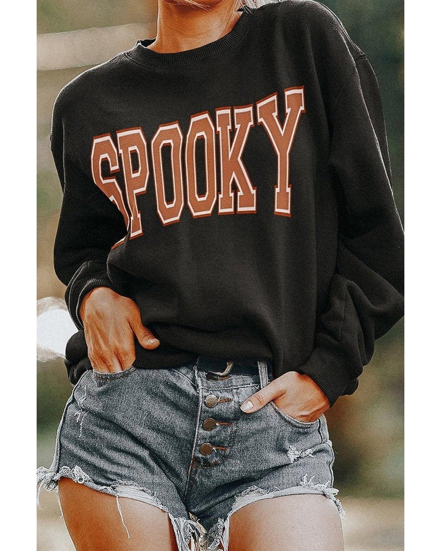 Black SPOOKY Graphic Drop Shoulder Halloween Pullover Sweatshirt - L
