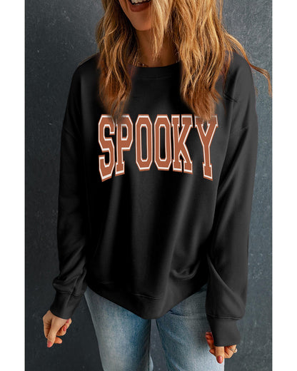 Black SPOOKY Graphic Drop Shoulder Halloween Pullover Sweatshirt - M