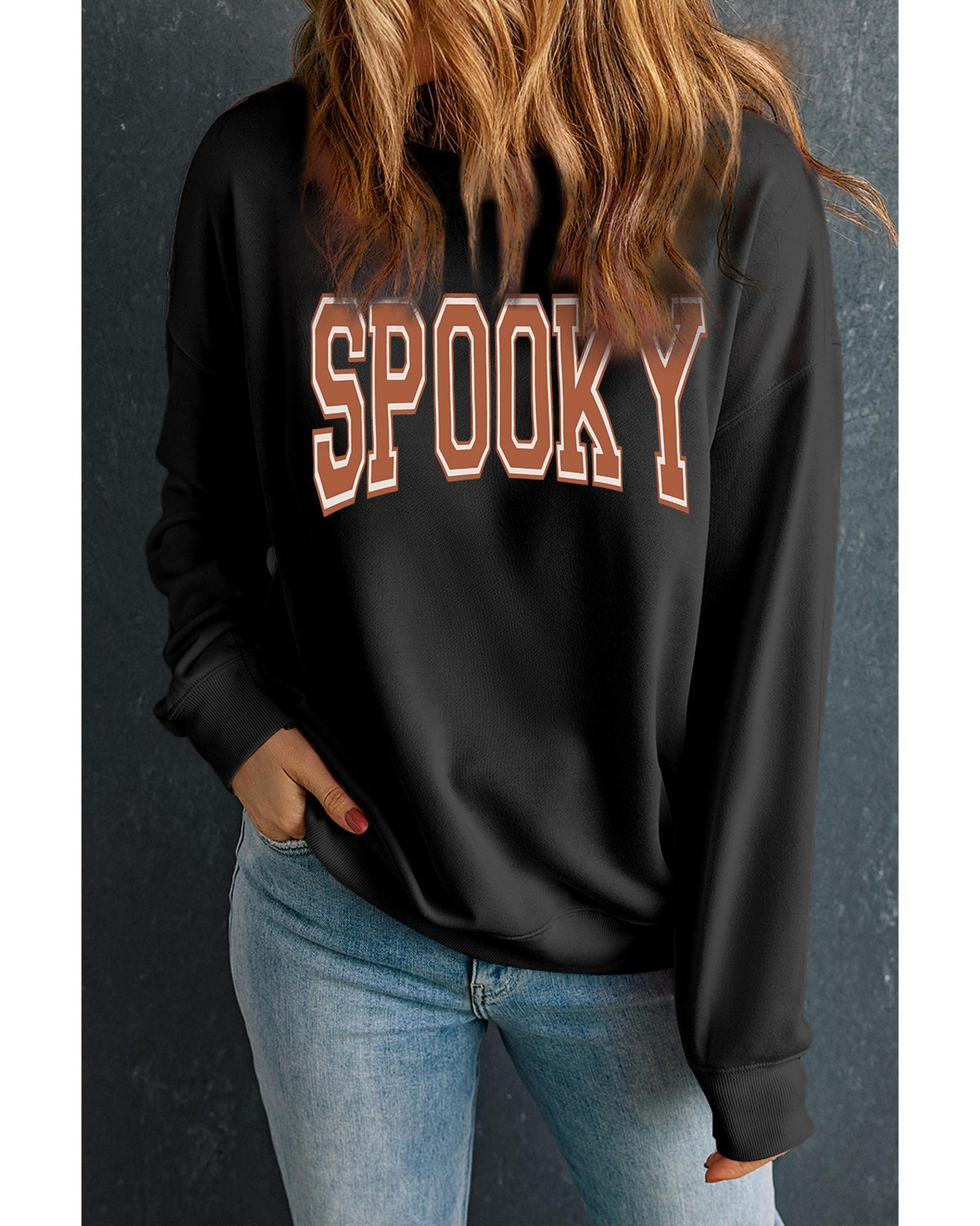 Black SPOOKY Graphic Drop Shoulder Halloween Pullover Sweatshirt - S