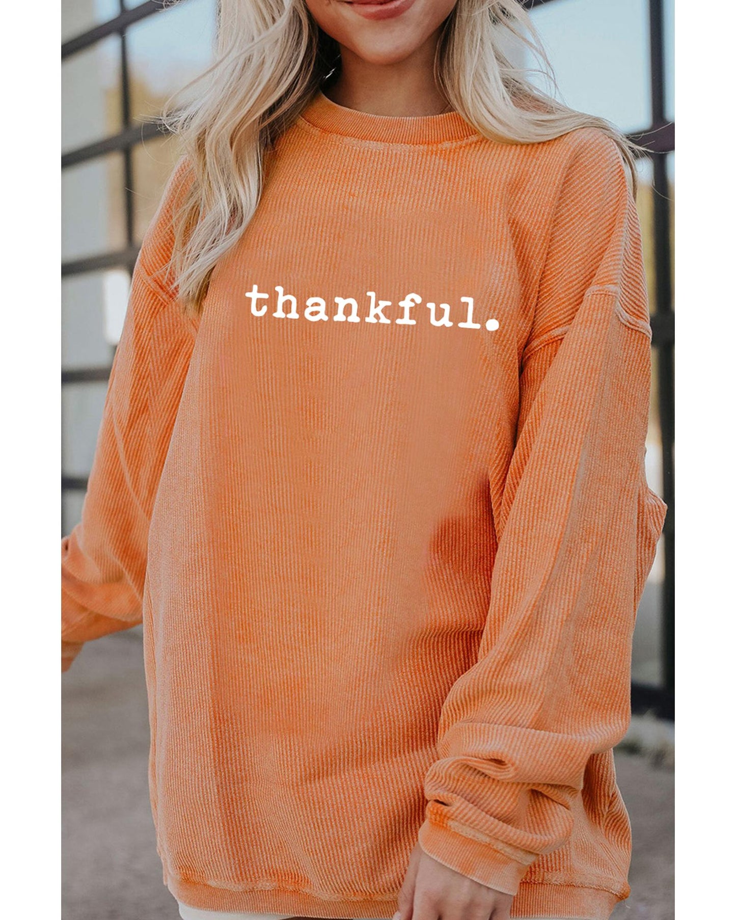 Orange Thankful Ribbed Crew Neck Thanksgiving Sweatshirt - L