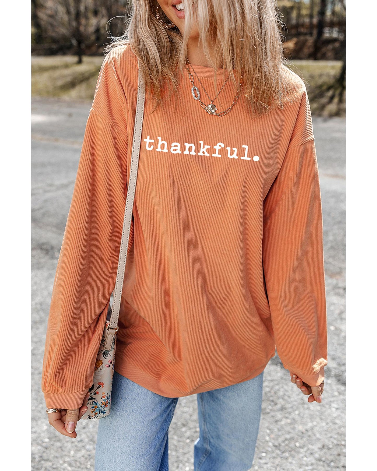 Orange Thankful Ribbed Crew Neck Thanksgiving Sweatshirt - L