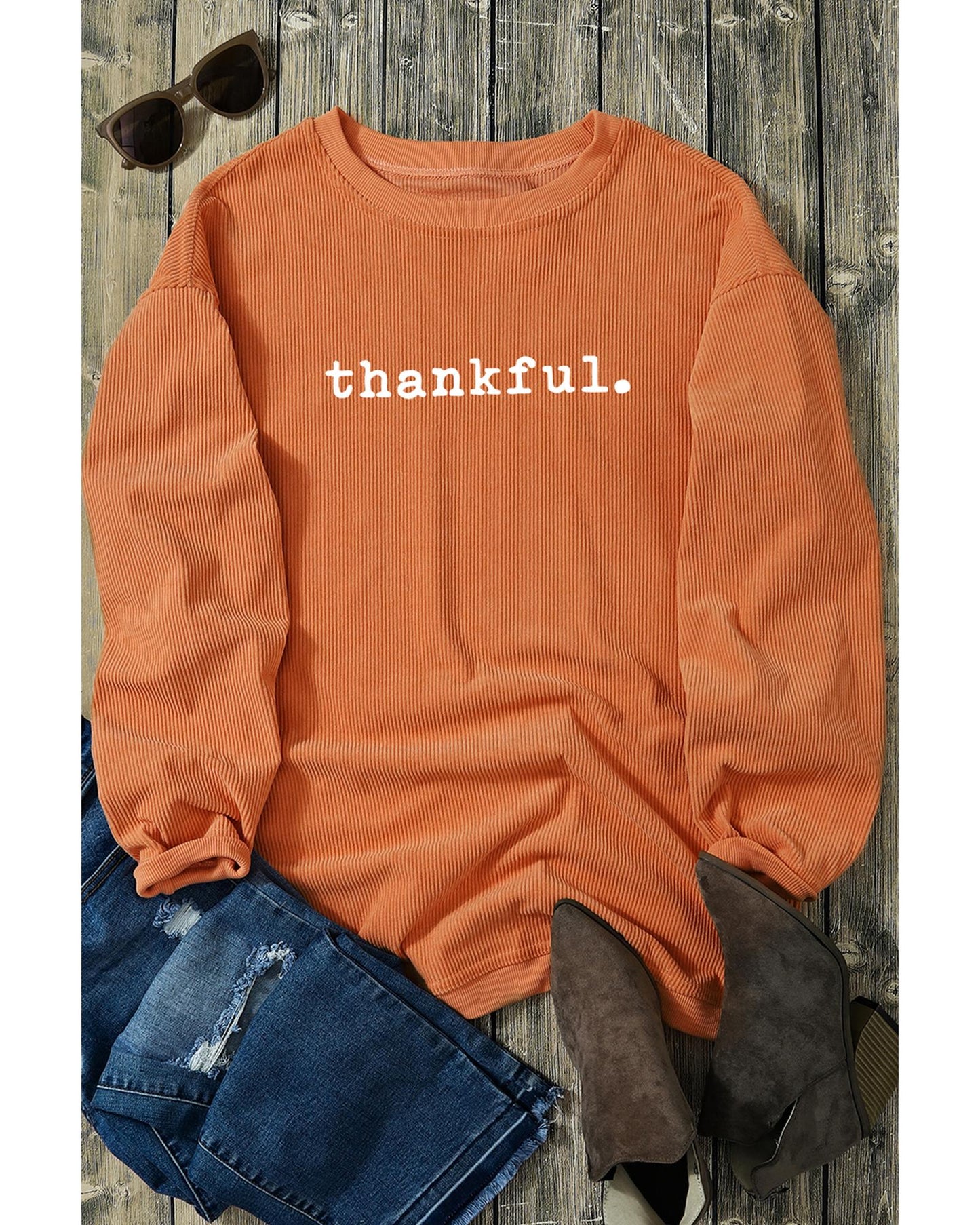 Orange Thankful Ribbed Crew Neck Thanksgiving Sweatshirt - L