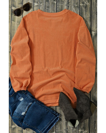 Orange Thankful Ribbed Crew Neck Thanksgiving Sweatshirt - M