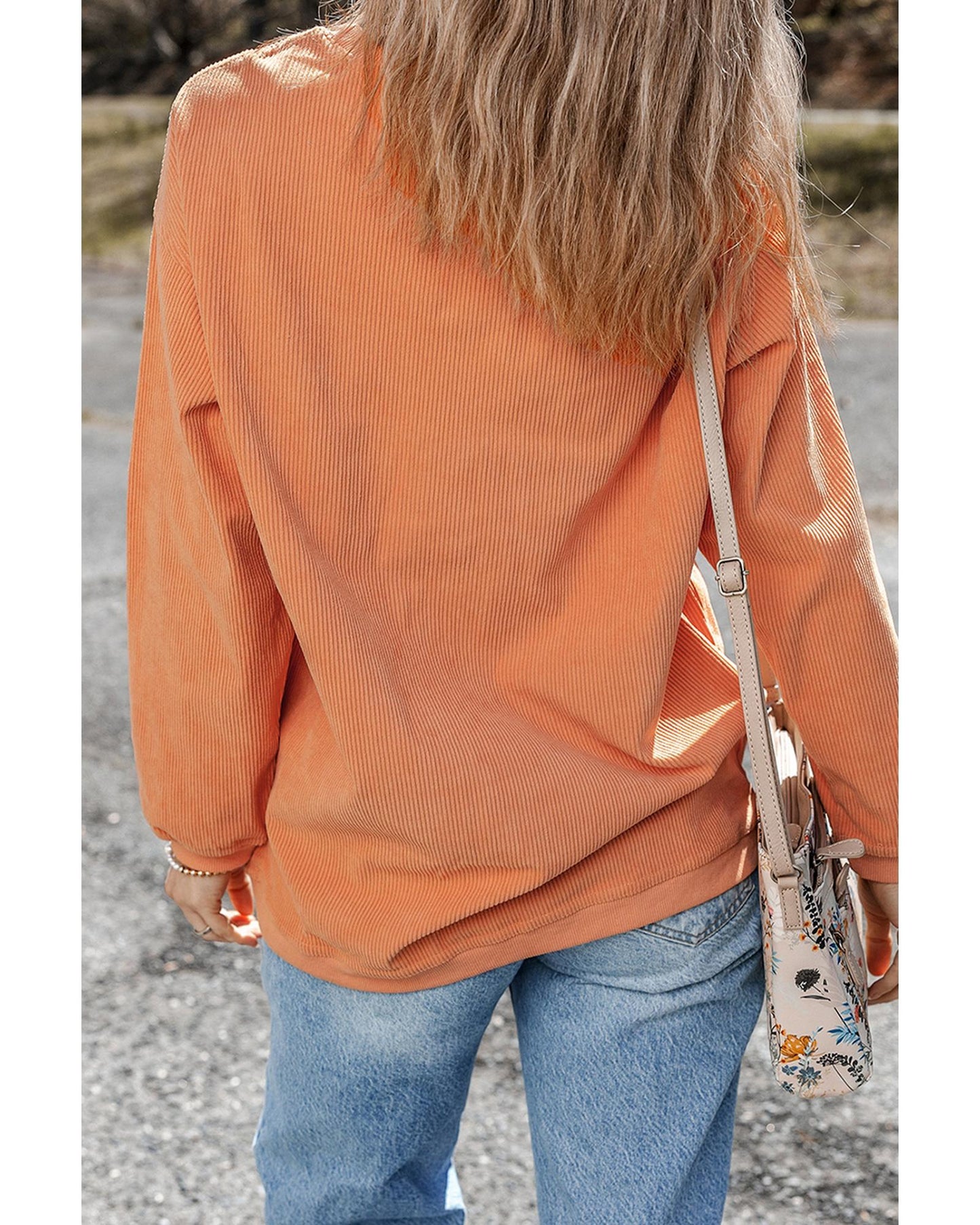 Orange Thankful Ribbed Crew Neck Thanksgiving Sweatshirt - M