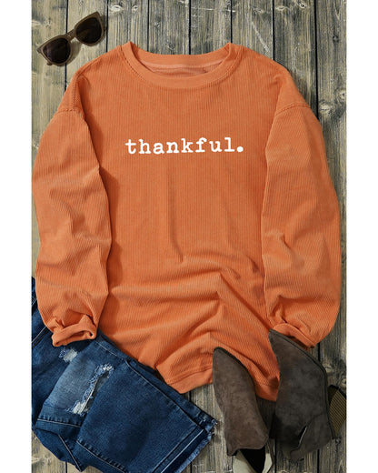 Orange Thankful Ribbed Crew Neck Thanksgiving Sweatshirt - M