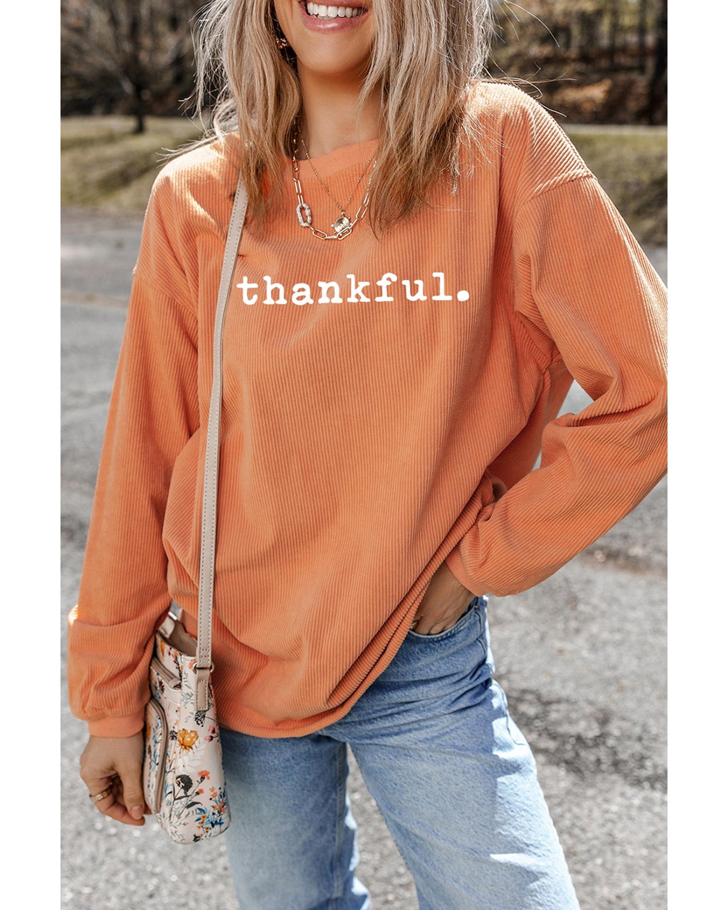 Orange Thankful Ribbed Crew Neck Thanksgiving Sweatshirt - M