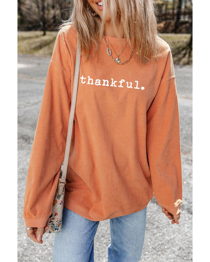 Orange Thankful Ribbed Crew Neck Thanksgiving Sweatshirt - S