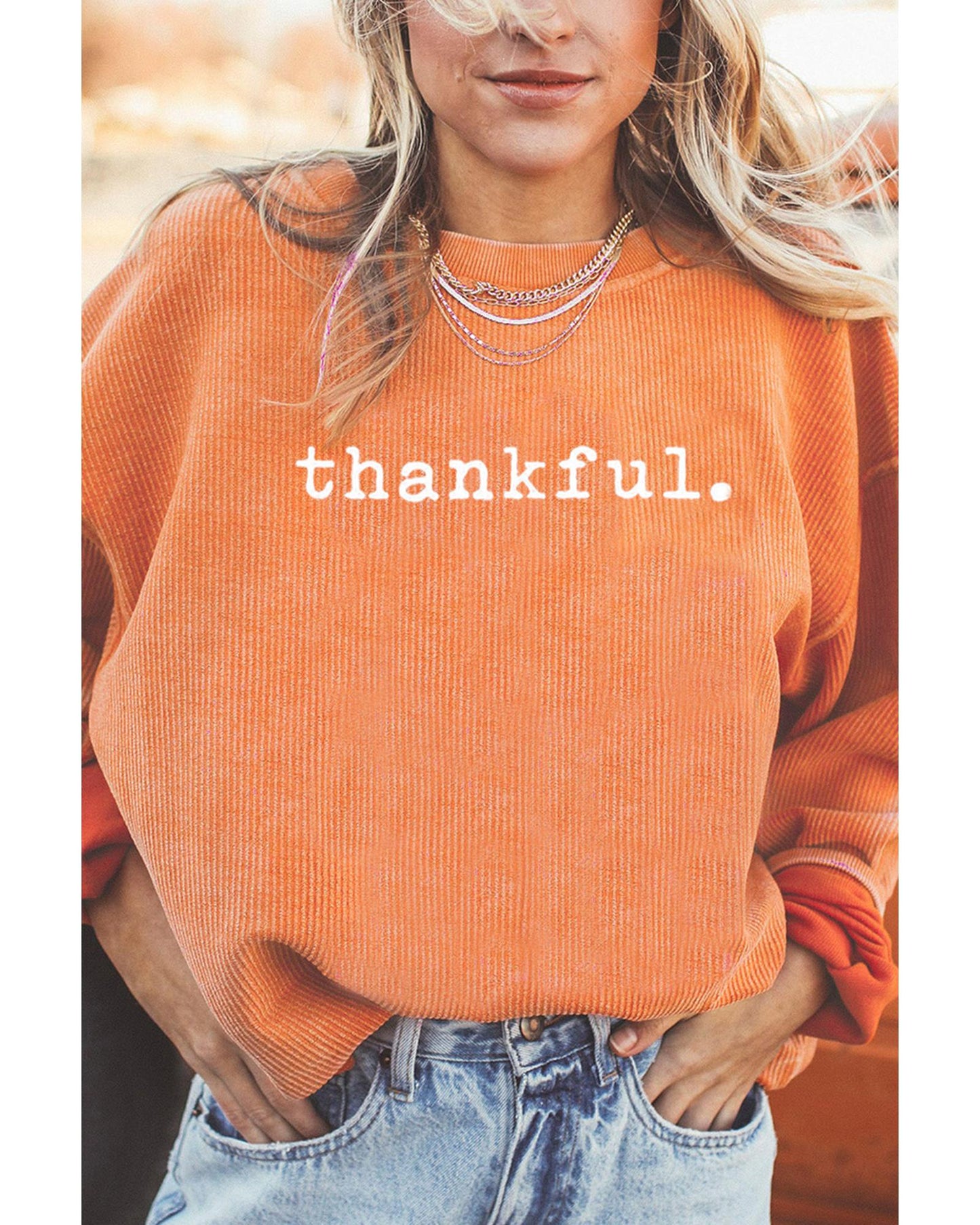 Orange Thankful Ribbed Crew Neck Thanksgiving Sweatshirt - XL