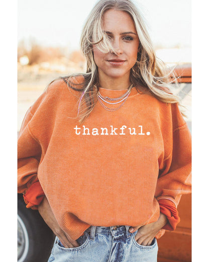 Orange Thankful Ribbed Crew Neck Thanksgiving Sweatshirt - XL