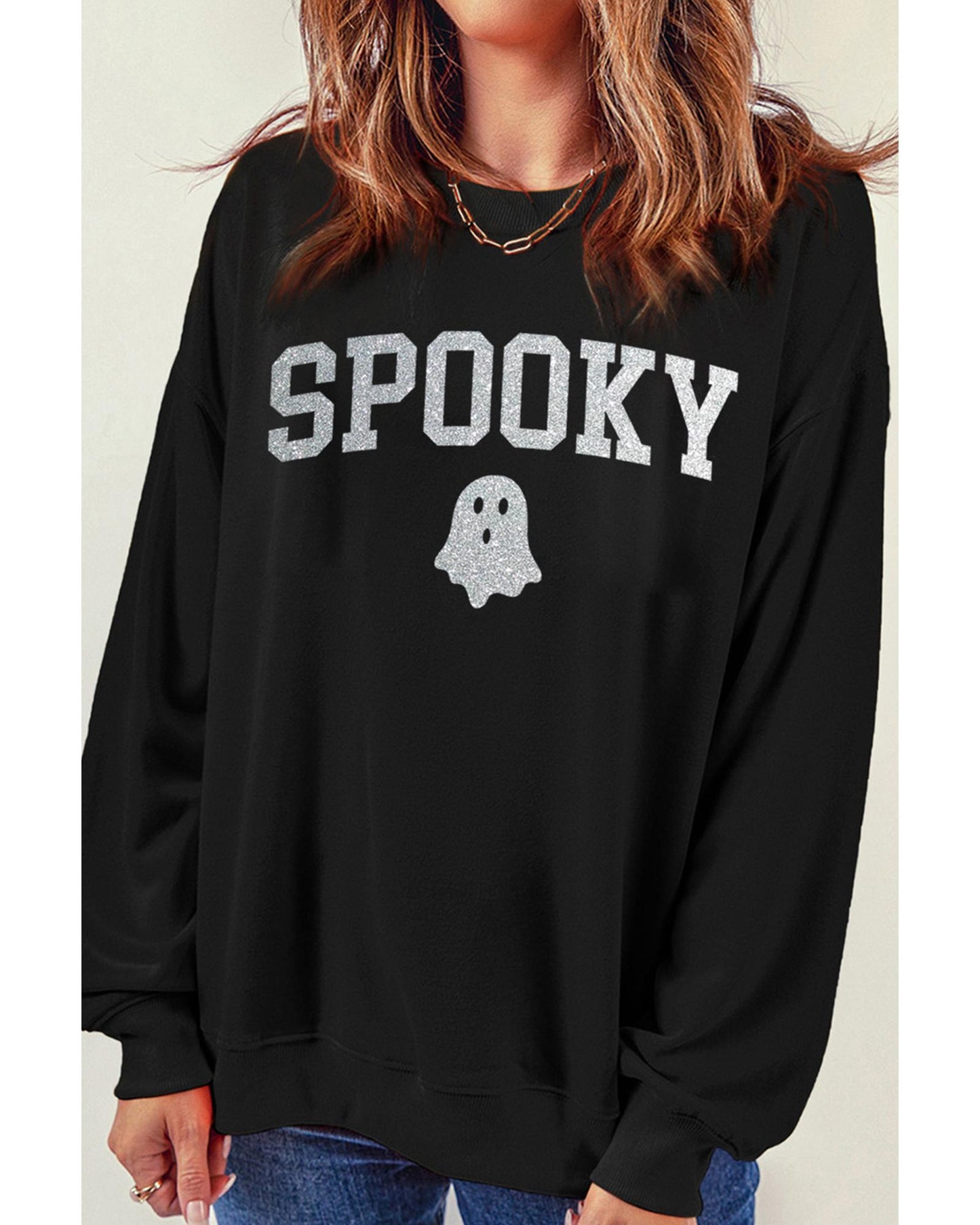 Black Glitter SPOOKY Ghost Pattern Crew Neck Halloween Sweatshirt - 2XL
