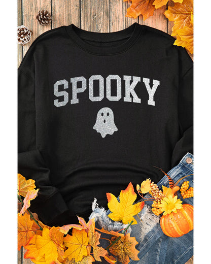 Black Glitter SPOOKY Ghost Pattern Crew Neck Halloween Sweatshirt - L