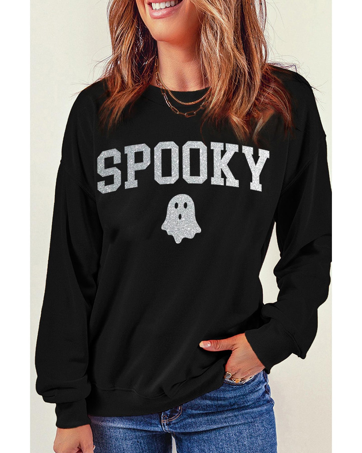 Black Glitter SPOOKY Ghost Pattern Crew Neck Halloween Sweatshirt - M
