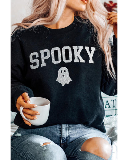 Black Glitter SPOOKY Ghost Pattern Crew Neck Halloween Sweatshirt - M