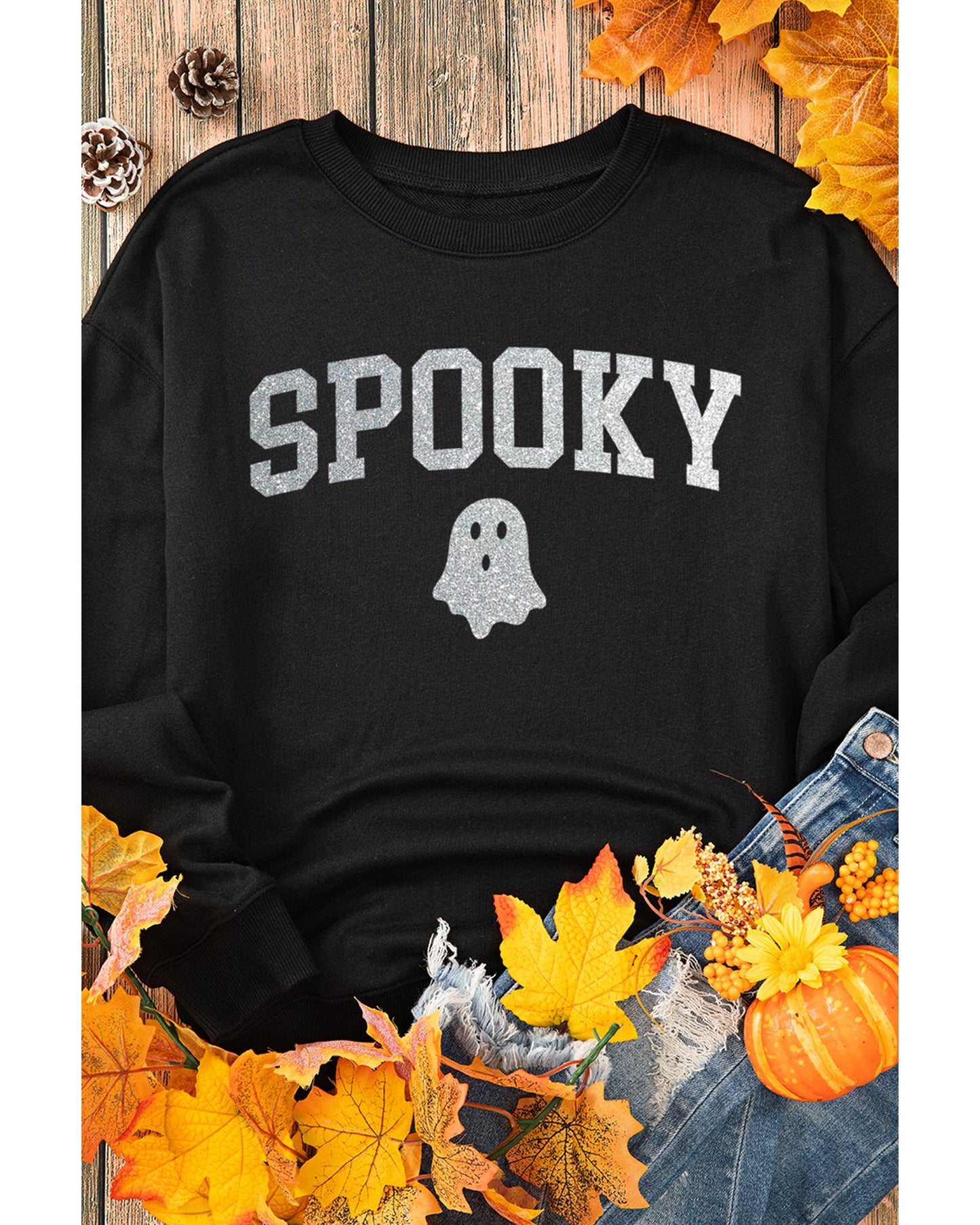Black Glitter SPOOKY Ghost Pattern Crew Neck Halloween Sweatshirt - S