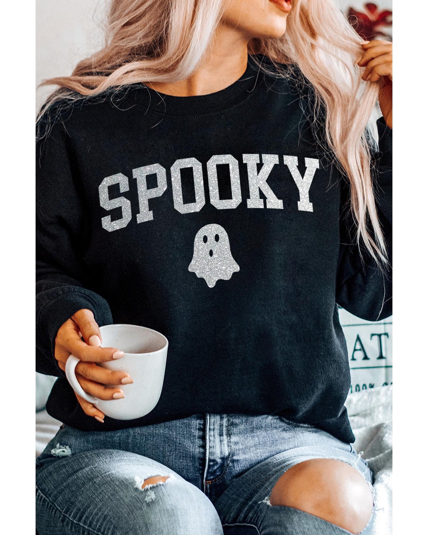 Black Glitter SPOOKY Ghost Pattern Crew Neck Halloween Sweatshirt - S