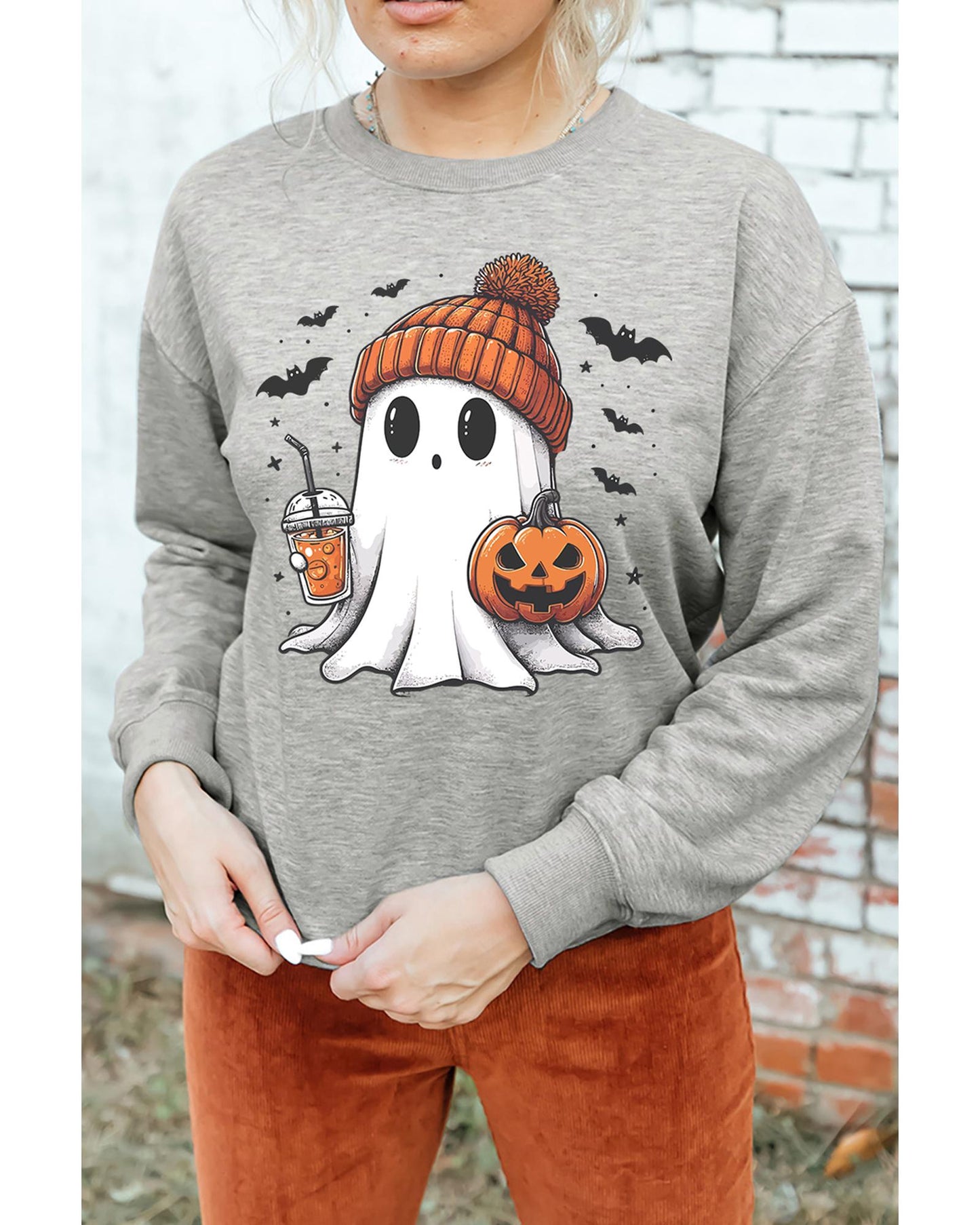 Gray Halloween Ghost Print Crewneck Drop Shoulder Sweatshirt - L