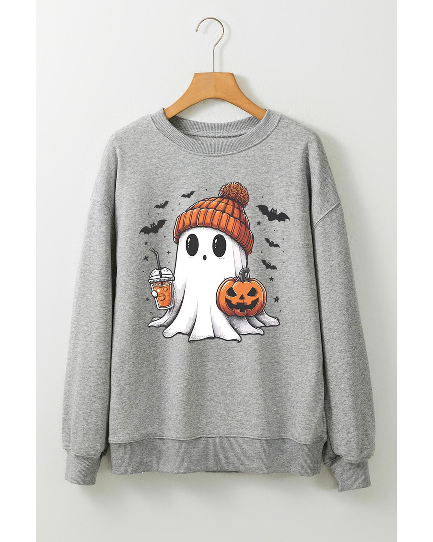 Gray Halloween Ghost Print Crewneck Drop Shoulder Sweatshirt - L