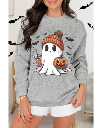 Gray Halloween Ghost Print Crewneck Drop Shoulder Sweatshirt - M