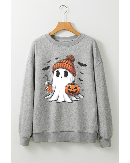 Gray Halloween Ghost Print Crewneck Drop Shoulder Sweatshirt - M
