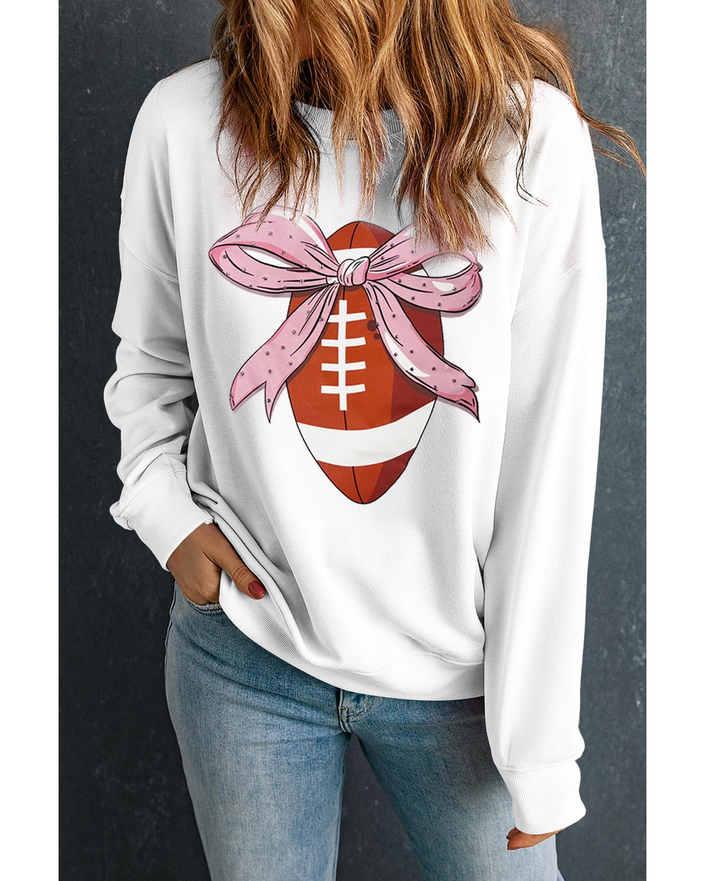 Beige Bowknot Rugby Football Graphic Game Day Pullover Sweatshirt - 2XL