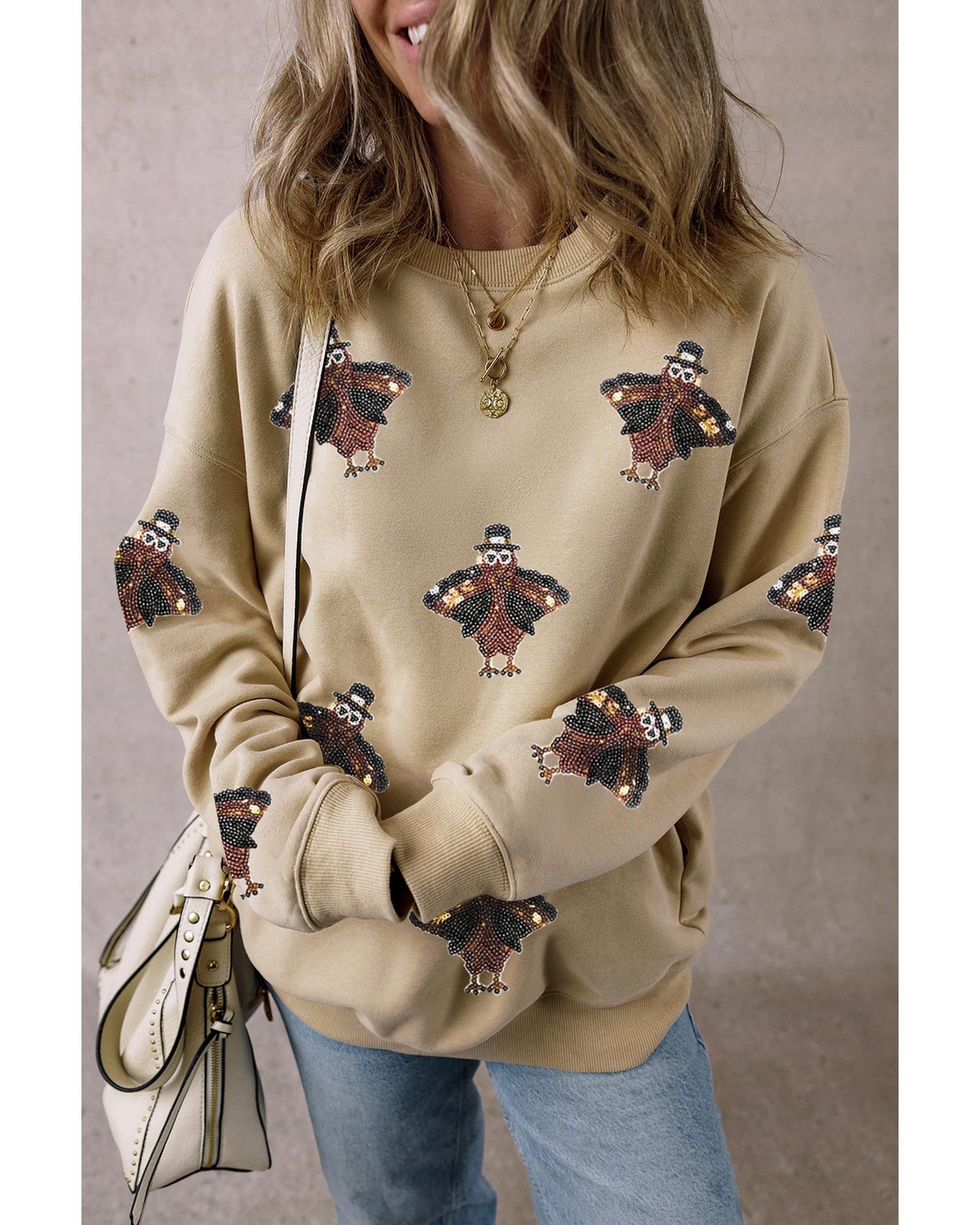 Parchment Shimmering Turkey Pattern Thanksgiving Holiday Sweatshirt - 2XL
