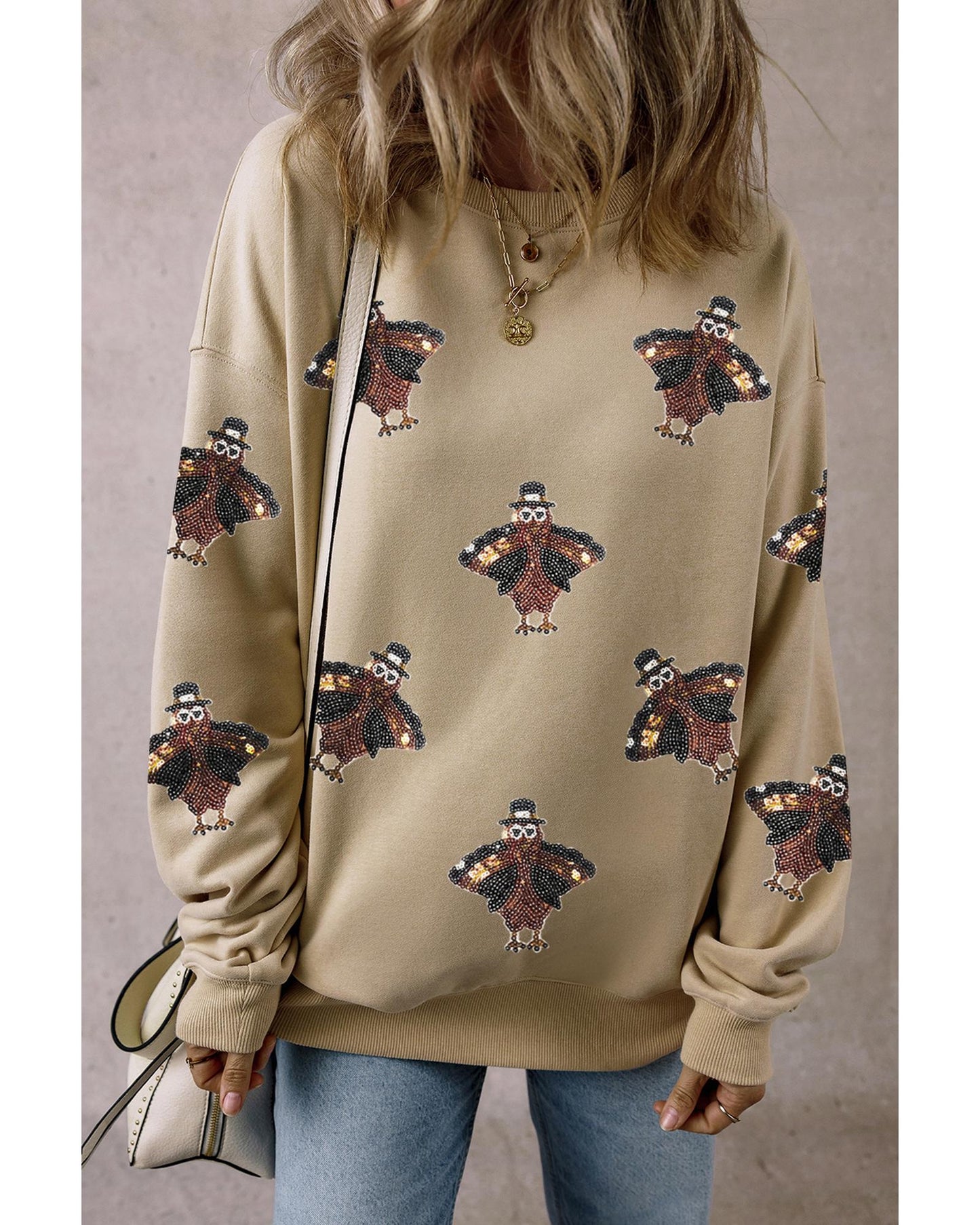 Parchment Shimmering Turkey Pattern Thanksgiving Holiday Sweatshirt - 2XL