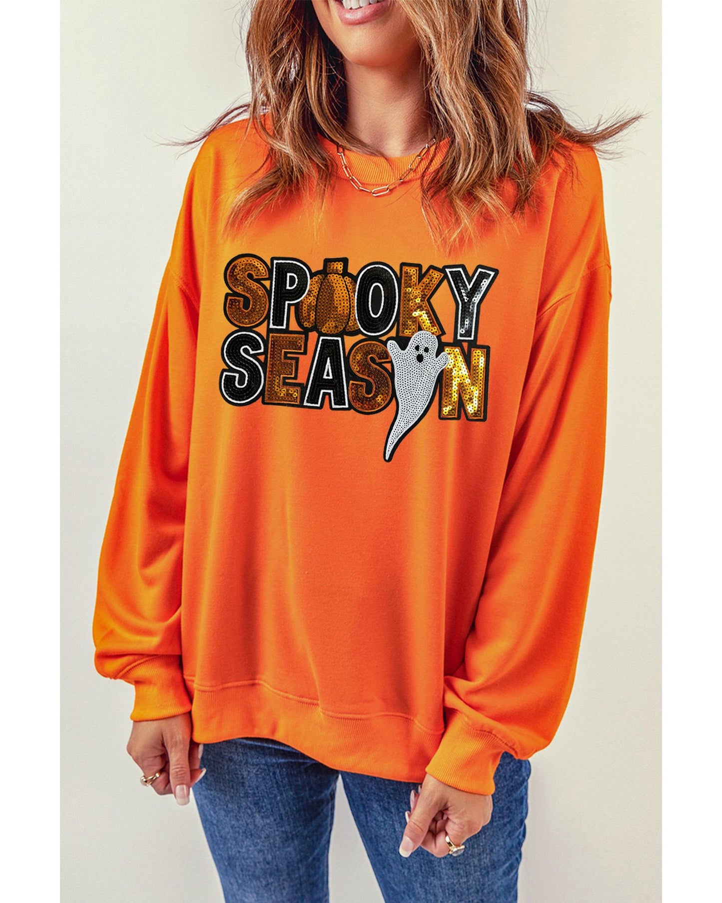 Russet Orange Sequin SPOOKY SEASON Ghost Pattern Halloween Pullover Sweatshirt - M