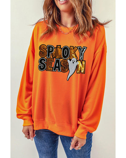 Russet Orange Sequin SPOOKY SEASON Ghost Pattern Halloween Pullover Sweatshirt - M