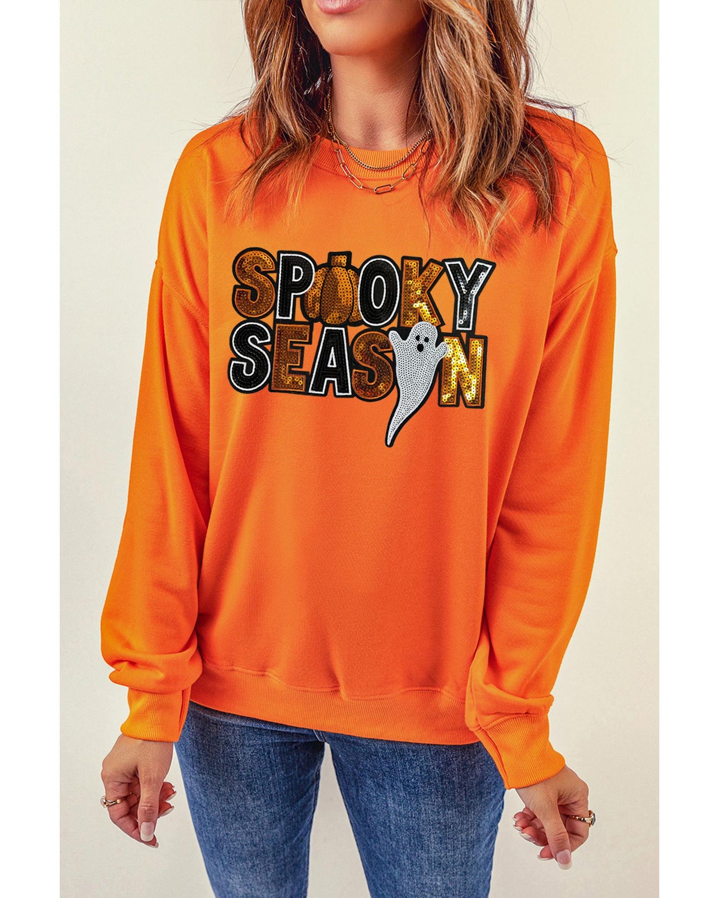 Russet Orange Sequin SPOOKY SEASON Ghost Pattern Halloween Pullover Sweatshirt - M