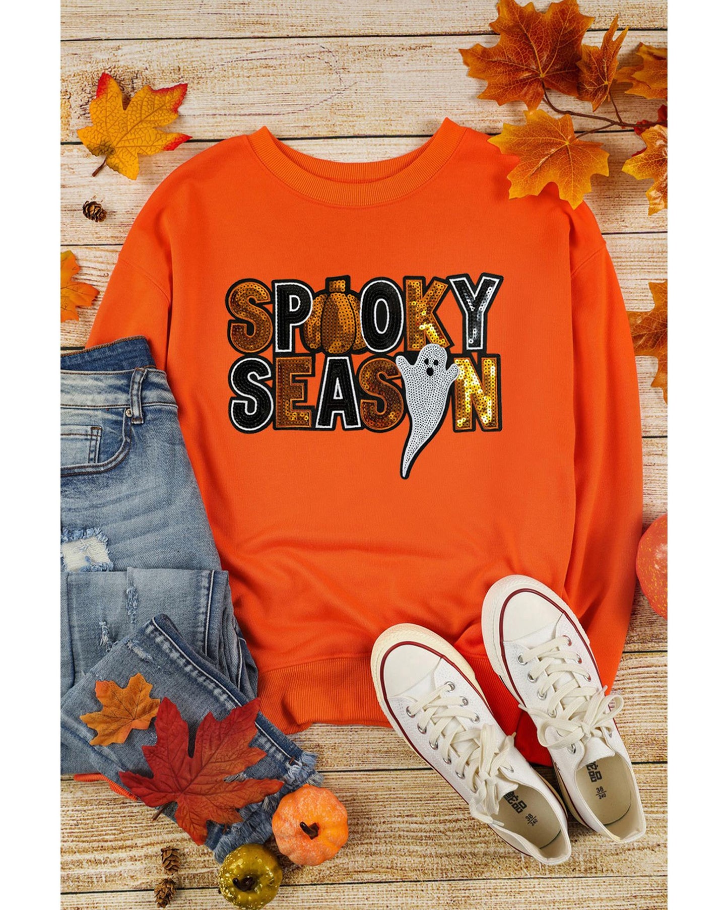 Russet Orange Sequin SPOOKY SEASON Ghost Pattern Halloween Pullover Sweatshirt - M