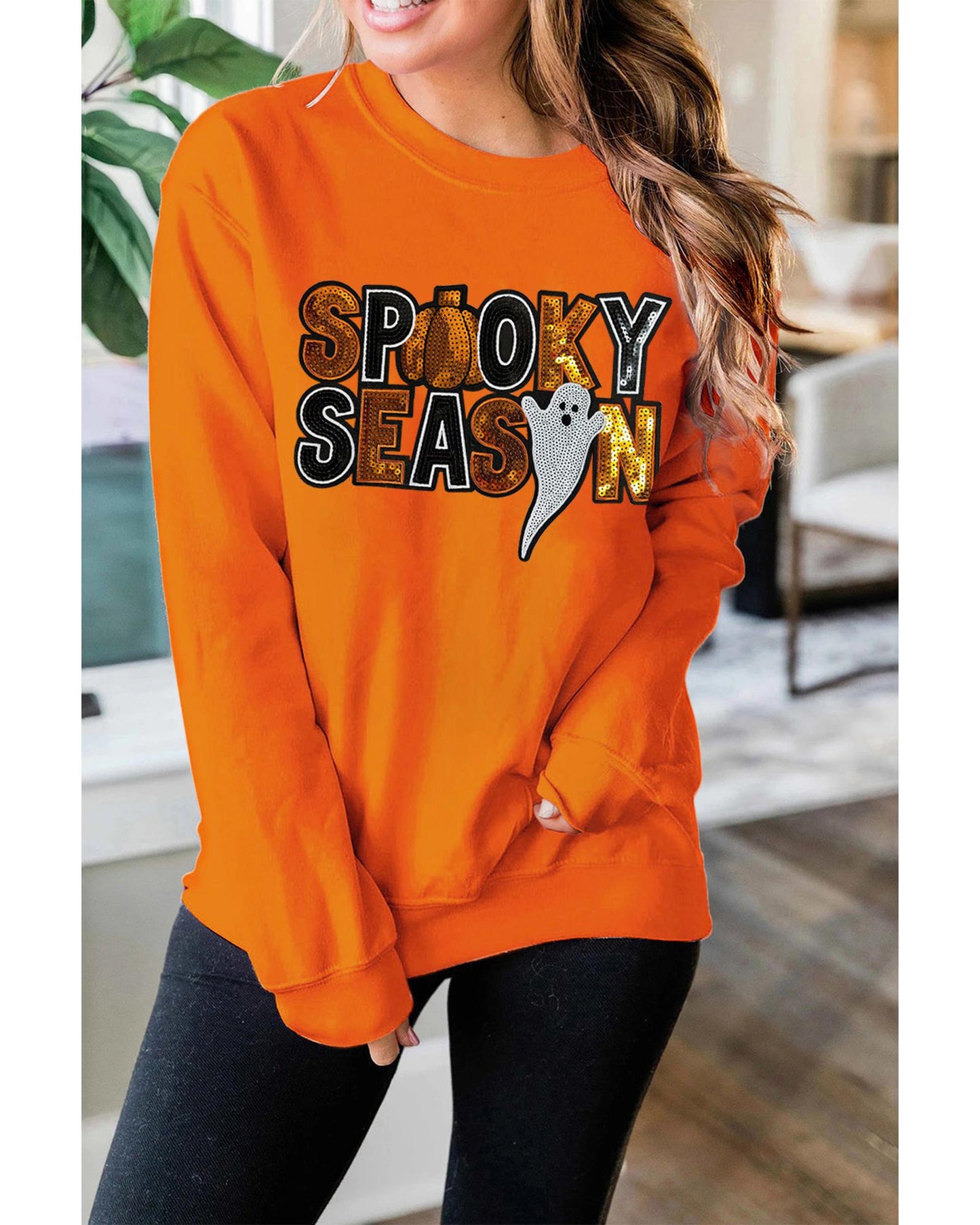 Russet Orange Sequin SPOOKY SEASON Ghost Pattern Halloween Pullover Sweatshirt - M
