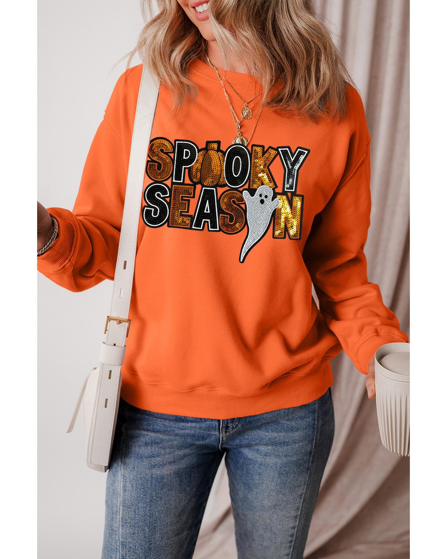 Russet Orange Sequin SPOOKY SEASON Ghost Pattern Halloween Pullover Sweatshirt - M