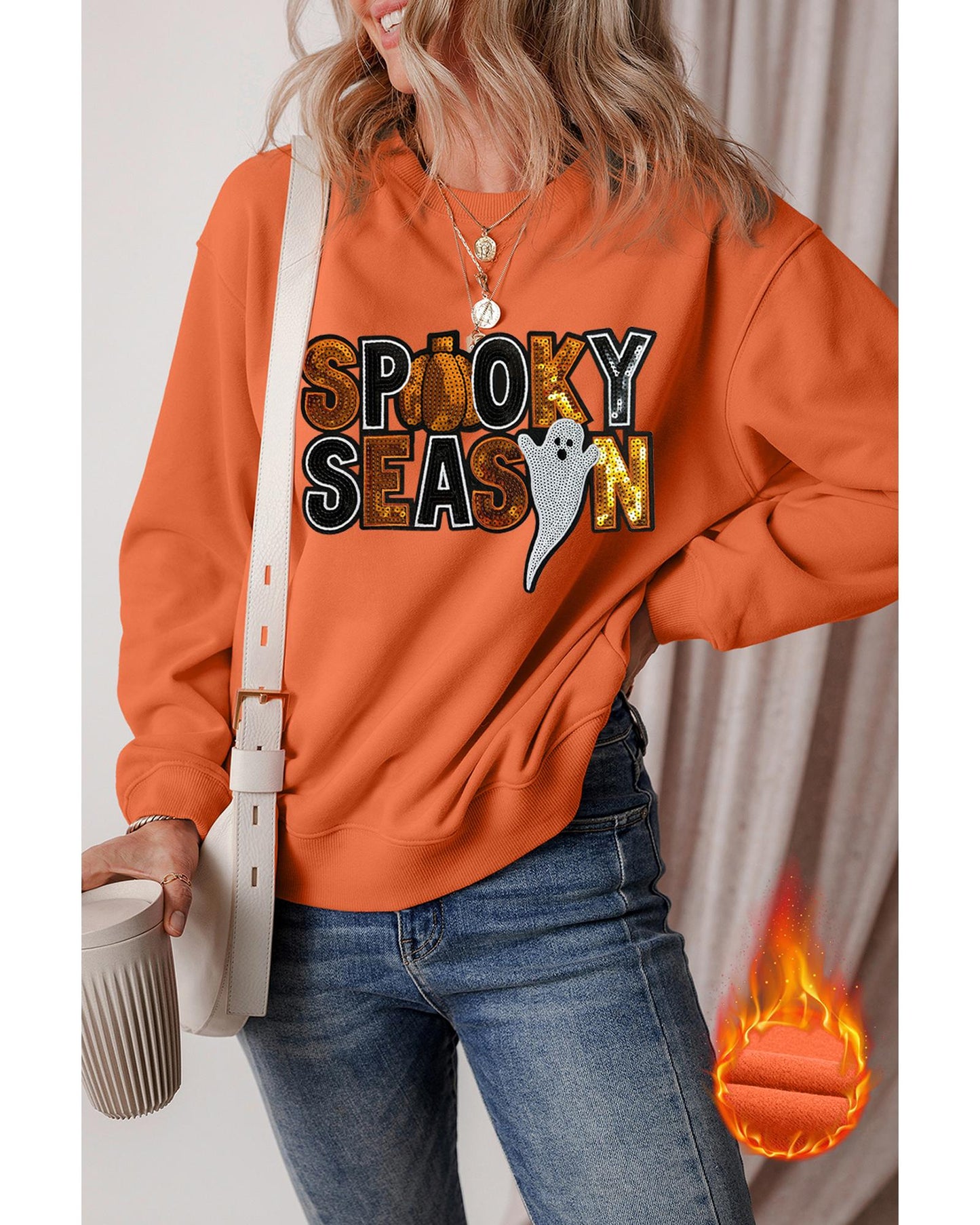 Russet Orange Sequin SPOOKY SEASON Ghost Pattern Halloween Pullover Sweatshirt - M