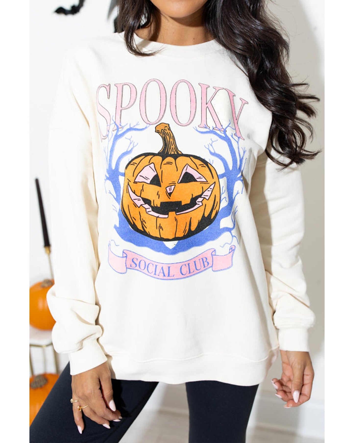 Beige SPOOKY SOCIAL CLUB Halloween Pumpkin Face Graphic Sweatshirt - L