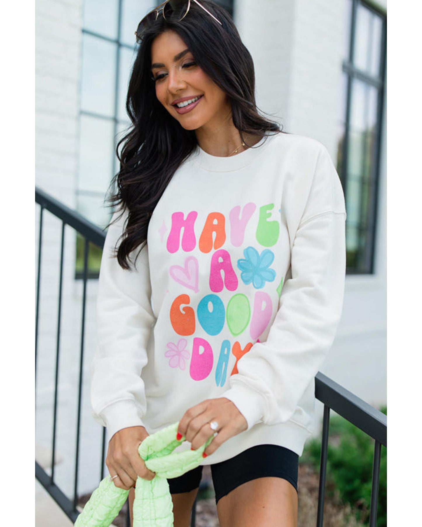Beige HAVE A GOOD DAY Drop Shoulder Graphic Sweatshirt - M
