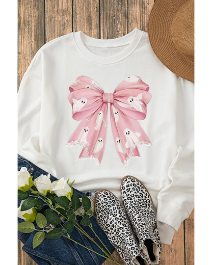 Beige Ghost Bowknot Graphic Crew Neck Drop Shoulder Sweatshirt - 2XL
