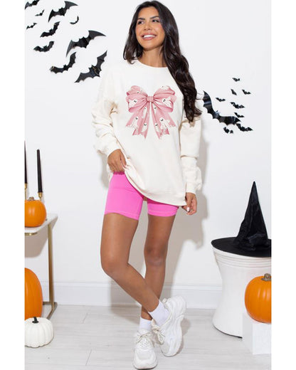Beige Ghost Bowknot Graphic Crew Neck Drop Shoulder Sweatshirt - L