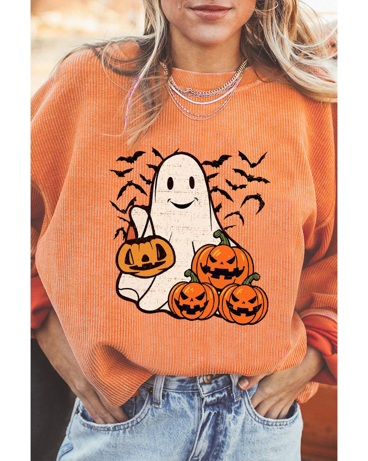 Orange Halloween Ghost Pumpkin Bat Print Corded Pullover Sweatshirt - S