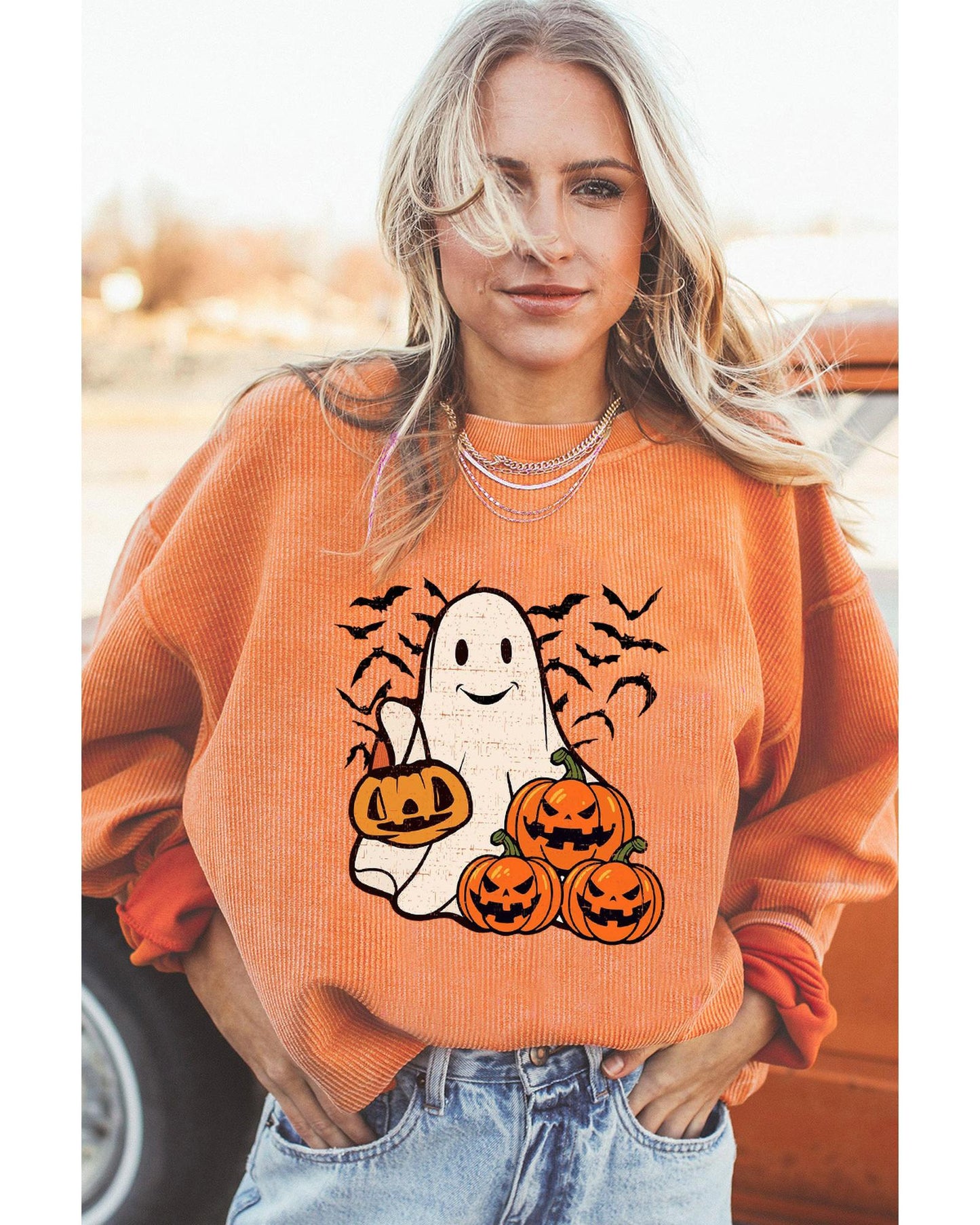 Orange Halloween Ghost Pumpkin Bat Print Corded Pullover Sweatshirt - XL