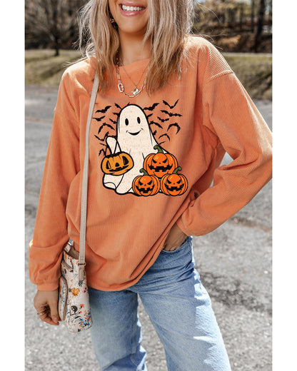 Orange Halloween Ghost Pumpkin Bat Print Corded Pullover Sweatshirt - XL