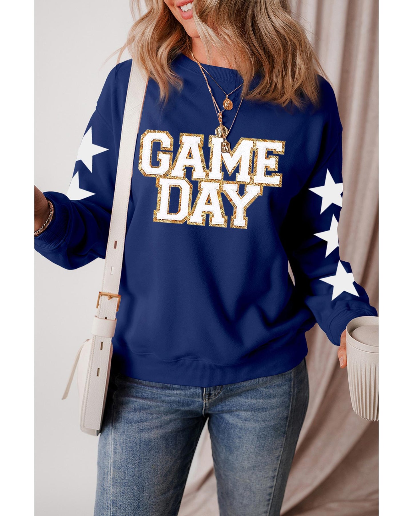Navy Blue GAME DAY Printed Star Sleeve Crewneck Pullover Sweatshirt - L